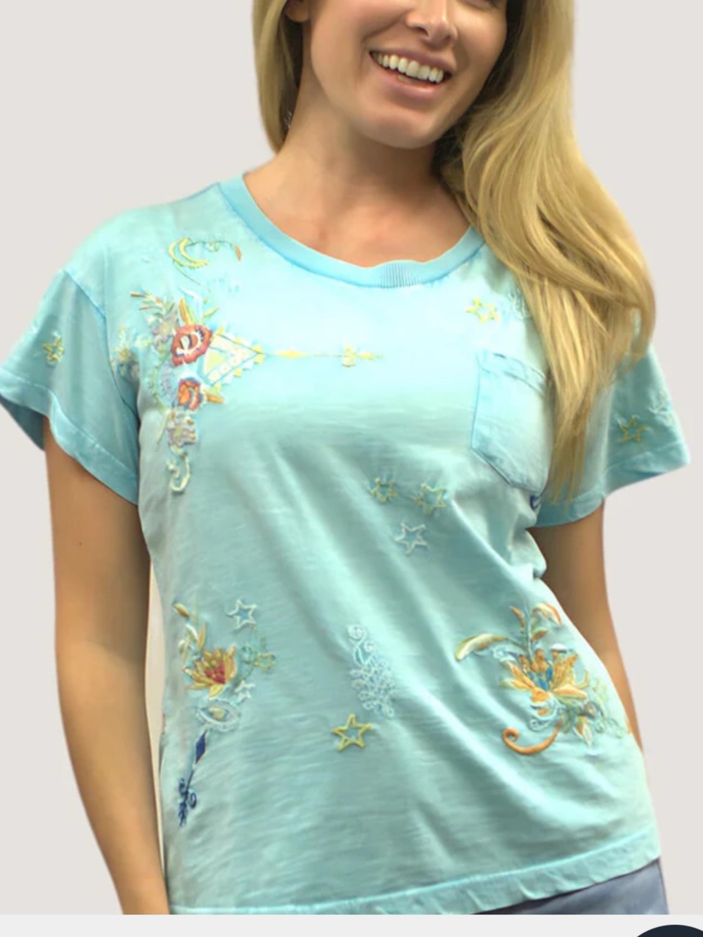 CAITE SHORT SLEEVE SEABREEZE EMBROIDERED TOP Medium